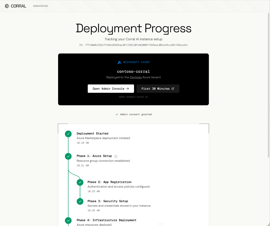 Corral deployment progress — Microsoft Azure tenant setup with phase-by-phase checklist